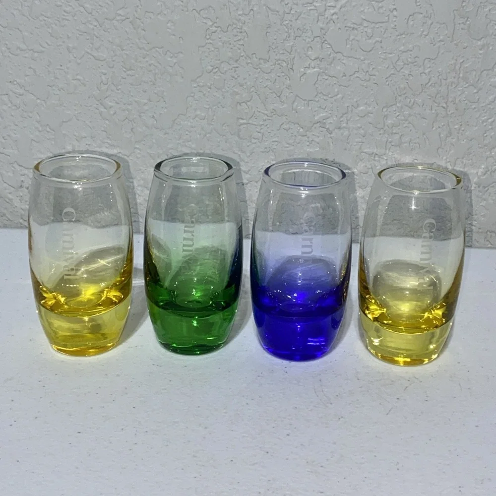 Set Of 4 Carnival Cruise Line Shot Glasses Heavy Weighted Yellow Blue Green 3.5